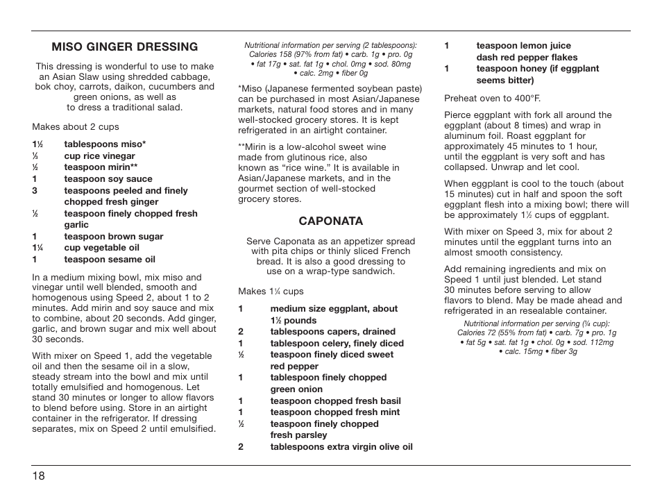 Miso ginger dressing, Caponata | Cuisinart HM-70 User Manual | Page 18 / 25