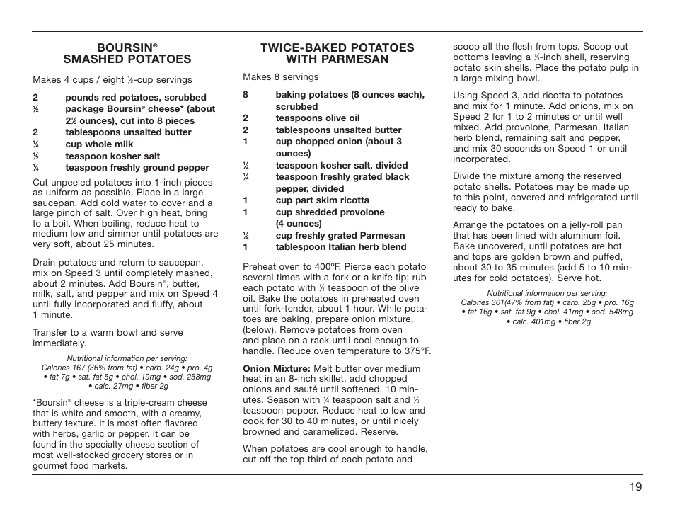 Boursin, Smashed potatoes, Twice-baked potatoes with parmesan | Cuisinart HM-70 User Manual | Page 19 / 25