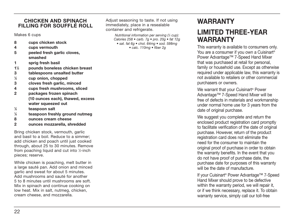 Warranty limited three-year warranty, Chicken and spinach filling for soufflé roll | Cuisinart HM-70 User Manual | Page 22 / 25