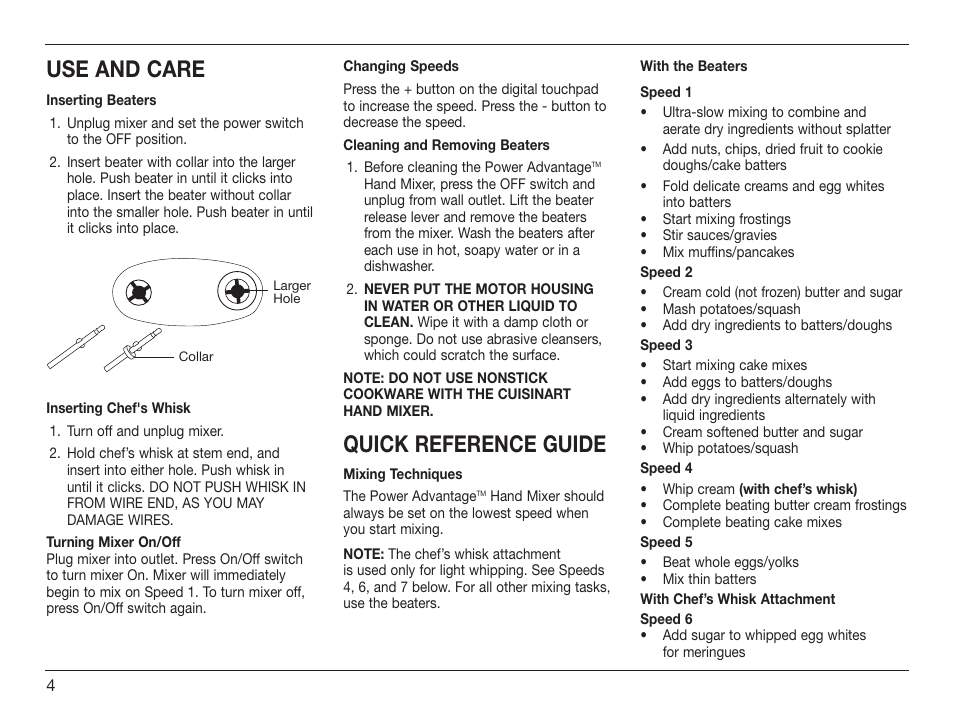 Use and care, Quick reference guide | Cuisinart HM-70 User Manual | Page 4 / 25