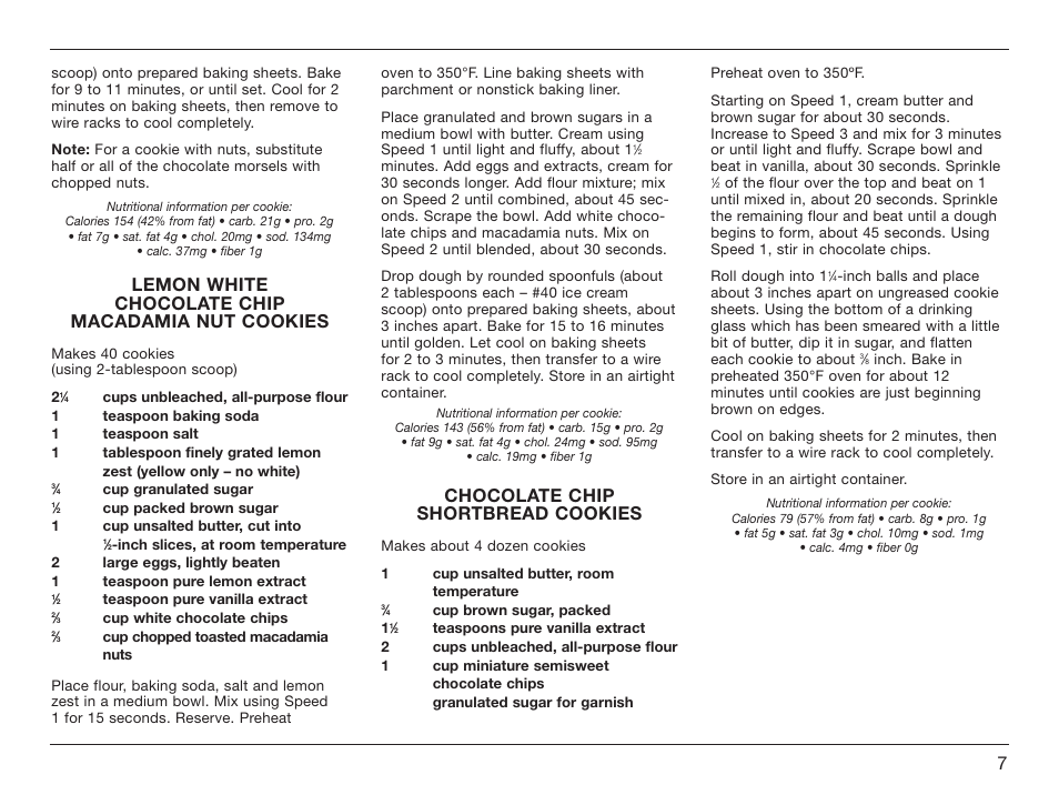 Lemon white chocolate chip macadamia nut cookies, Chocolate chip shortbread cookies | Cuisinart HM-70 User Manual | Page 7 / 25