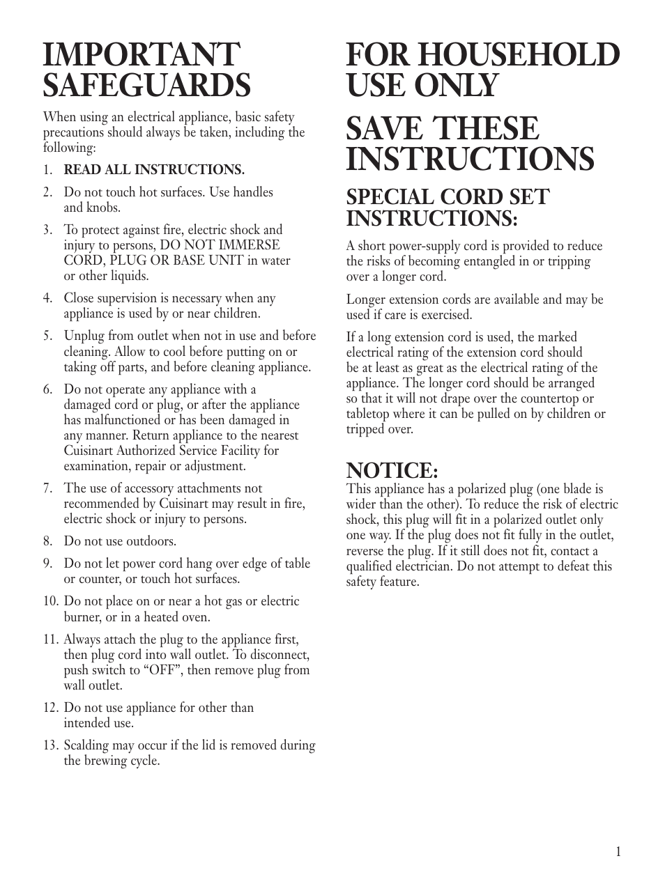 Important safeguards, For household use only save these instructions, Special cord set instructions | Notice | Cuisinart CJK-17BC User Manual | Page 3 / 8
