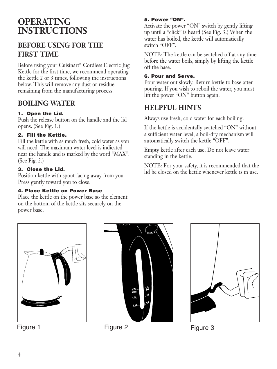 Operating instructions, Before using for the first time, Boiling water | Helpful hints, Figure 3, Figure 2 figure 1, Before using your cuisinart | Cuisinart CJK-17BC User Manual | Page 6 / 8
