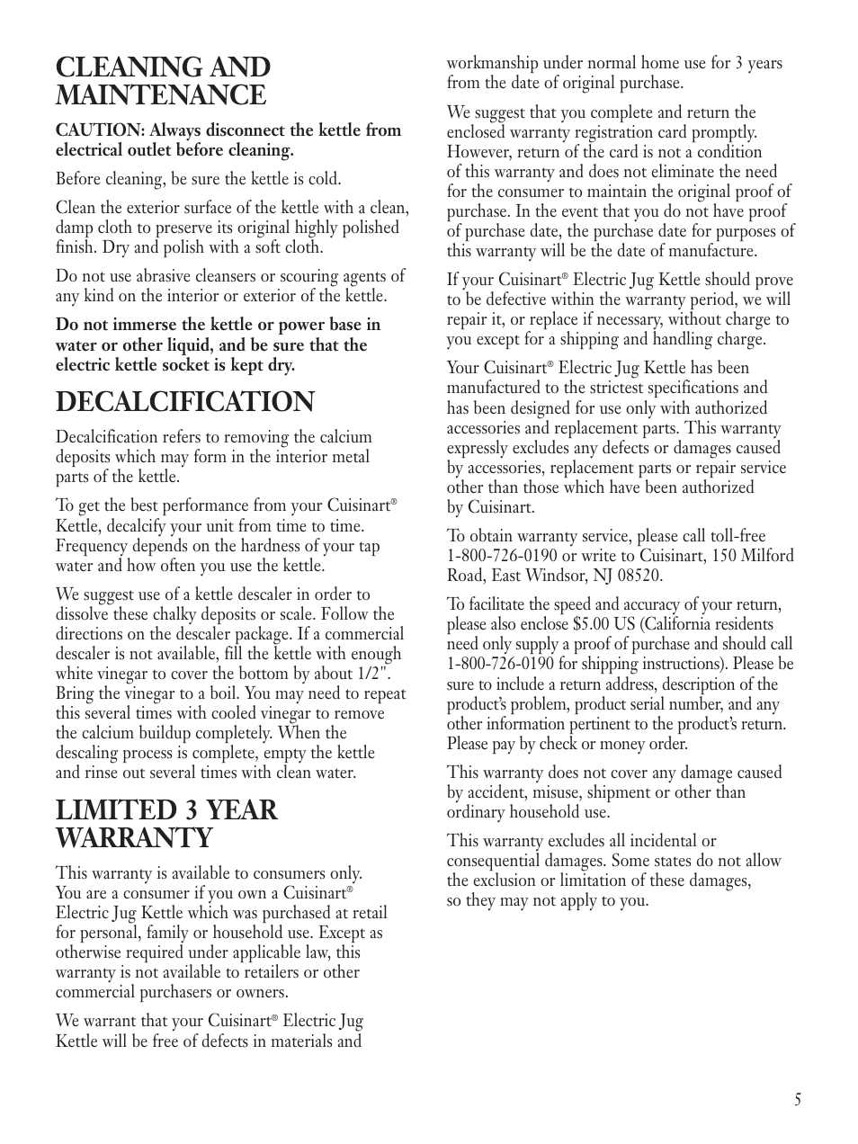 Cleaning and maintenance, Decalcification, Limited 3 year warranty | Cuisinart CJK-17BC User Manual | Page 7 / 8
