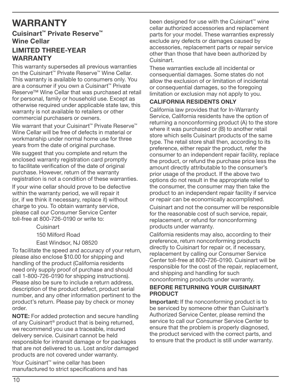 Warranty, Cuisinart, Private reserve | Wine cellar limited three-year warranty | Cuisinart CWC-1200 User Manual | Page 10 / 13