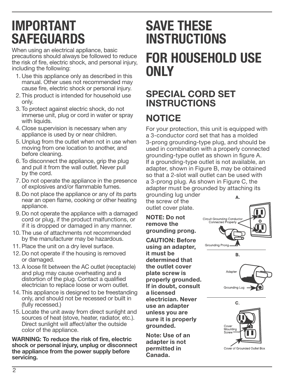 Important safeguards, Save these instructions for household use only, Special cord set instructions notice | Cuisinart CWC-1200 User Manual | Page 2 / 13