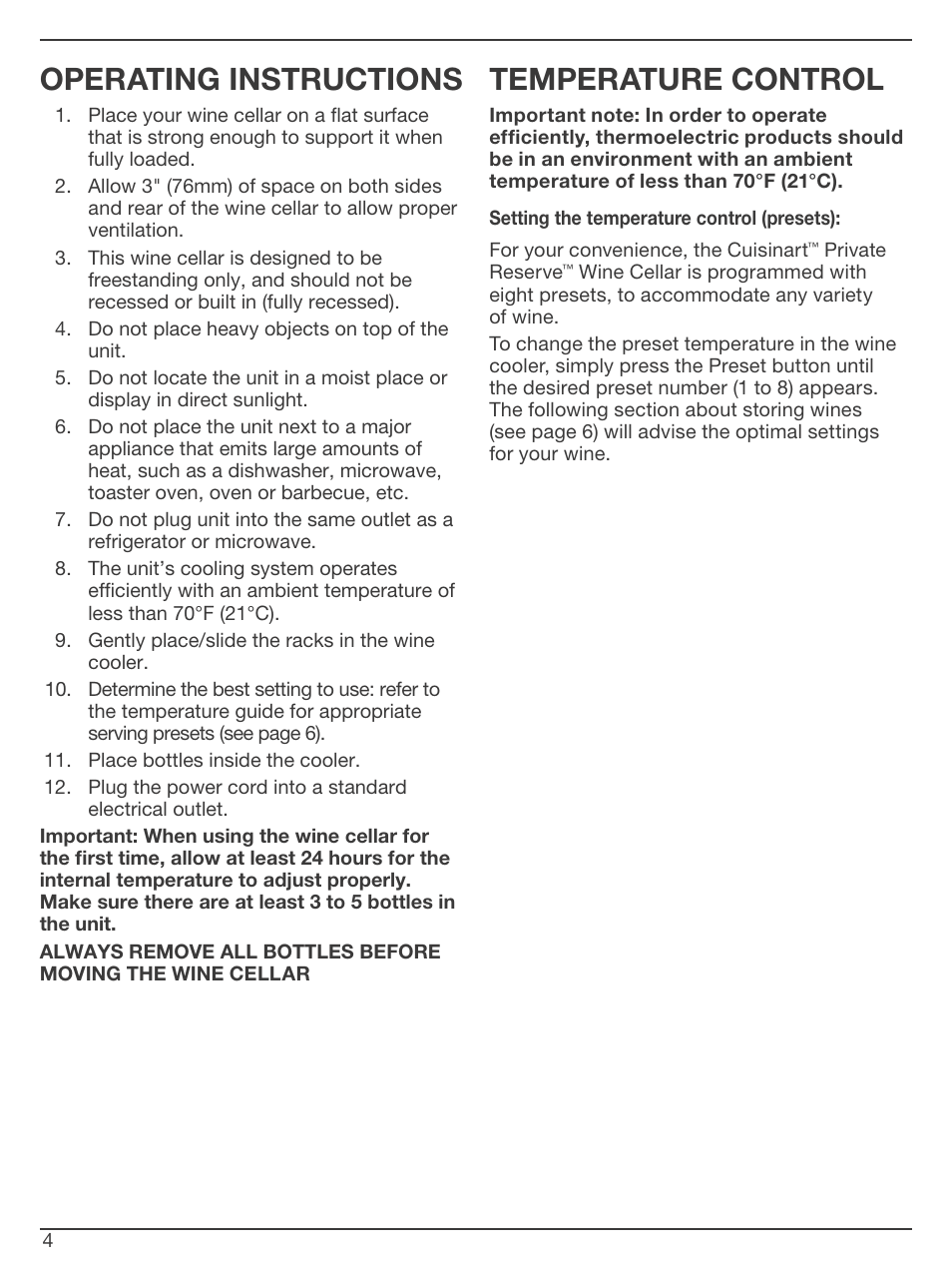 Operating instructions, Temperature control | Cuisinart CWC-1200 User Manual | Page 4 / 13