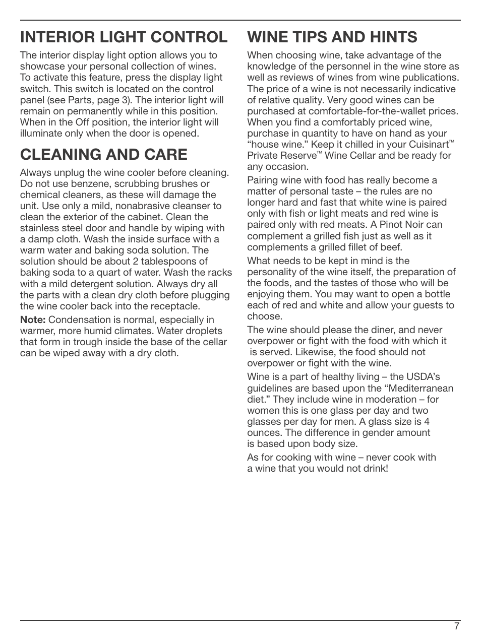 Interior light control, Cleaning and care, Wine tips and hints | Cuisinart CWC-1200 User Manual | Page 7 / 13