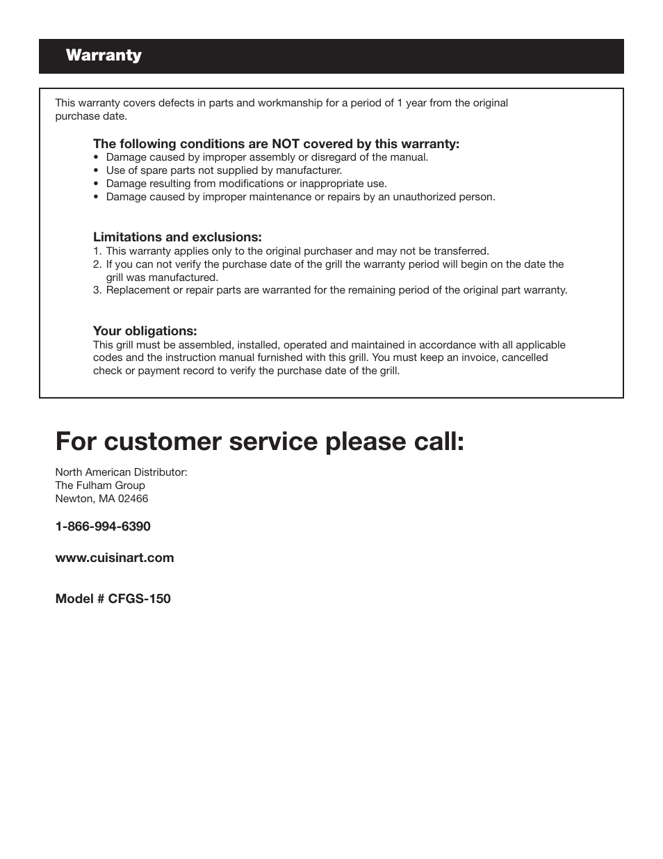 For customer service please call, Warranty | Cuisinart Folding Grill Stand CFGS-150 User Manual | Page 8 / 8