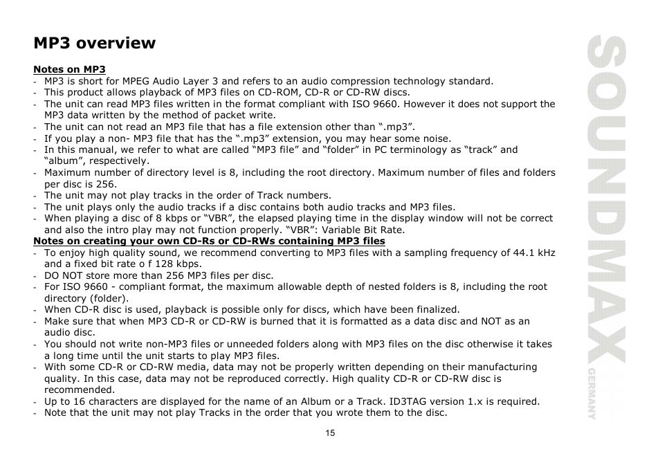 Mp3 overview | SoundMax SM-CDM1054 User Manual | Page 15 / 38