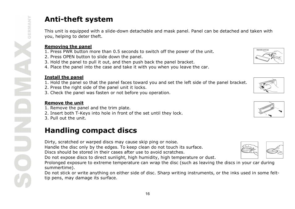 Anti-theft system, Handling compact discs | SoundMax SM-CDM1054 User Manual | Page 16 / 38