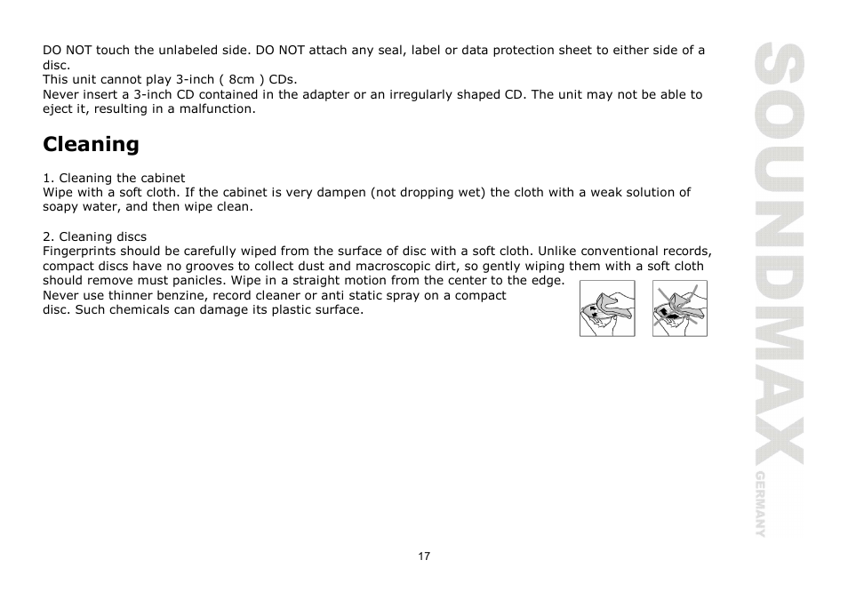 Cleaning | SoundMax SM-CDM1054 User Manual | Page 17 / 38