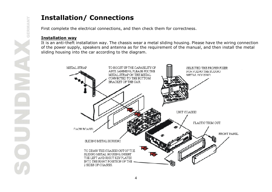 Installation/ connections | SoundMax SM-CDM1054 User Manual | Page 4 / 38