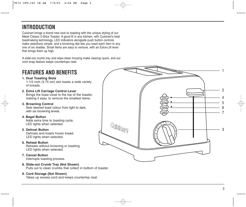 Introduction, Features and benefits | Cuisinart CPT-160C User Manual | Page 3 / 8