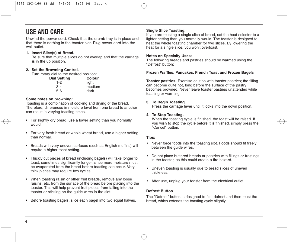 Use and care | Cuisinart CPT-160C User Manual | Page 4 / 8