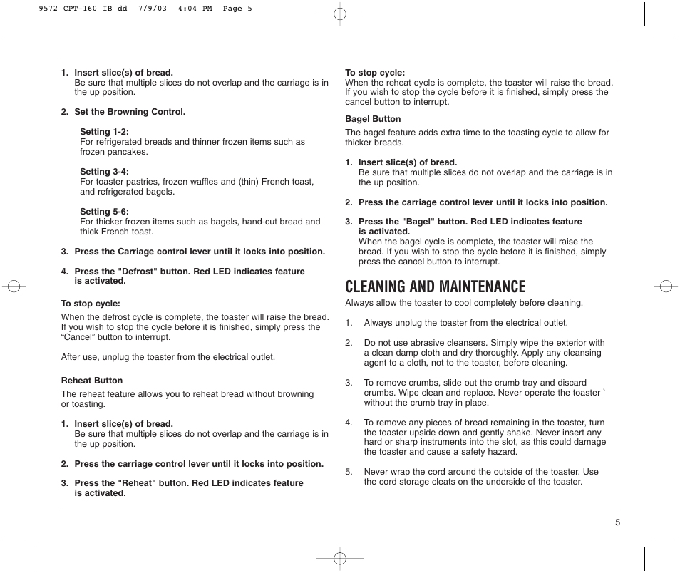 Cleaning and maintenance | Cuisinart CPT-160C User Manual | Page 5 / 8