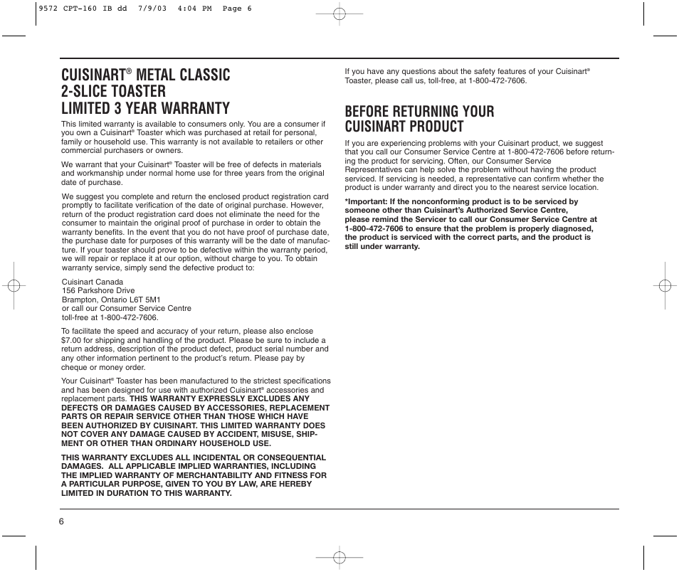 Cuisinart, Before returning your cuisinart product | Cuisinart CPT-160C User Manual | Page 6 / 8