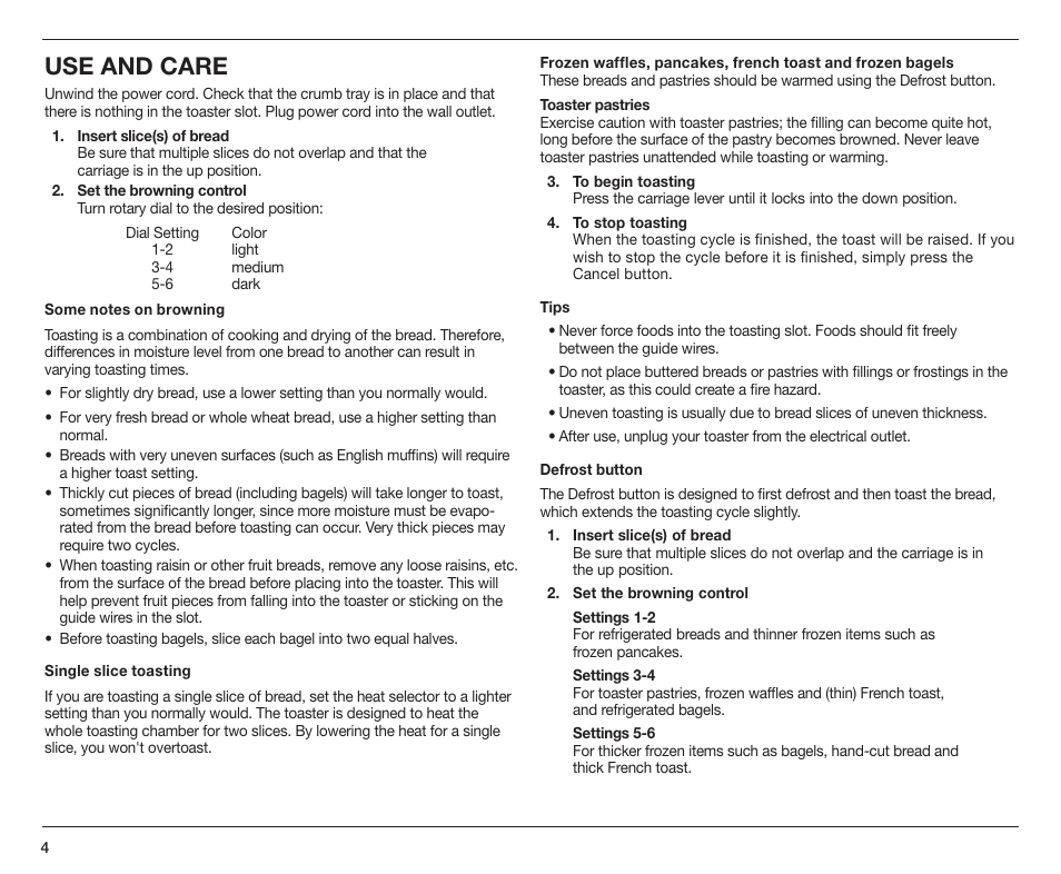 Use and care | Cuisinart CPT-170 User Manual | Page 4 / 9
