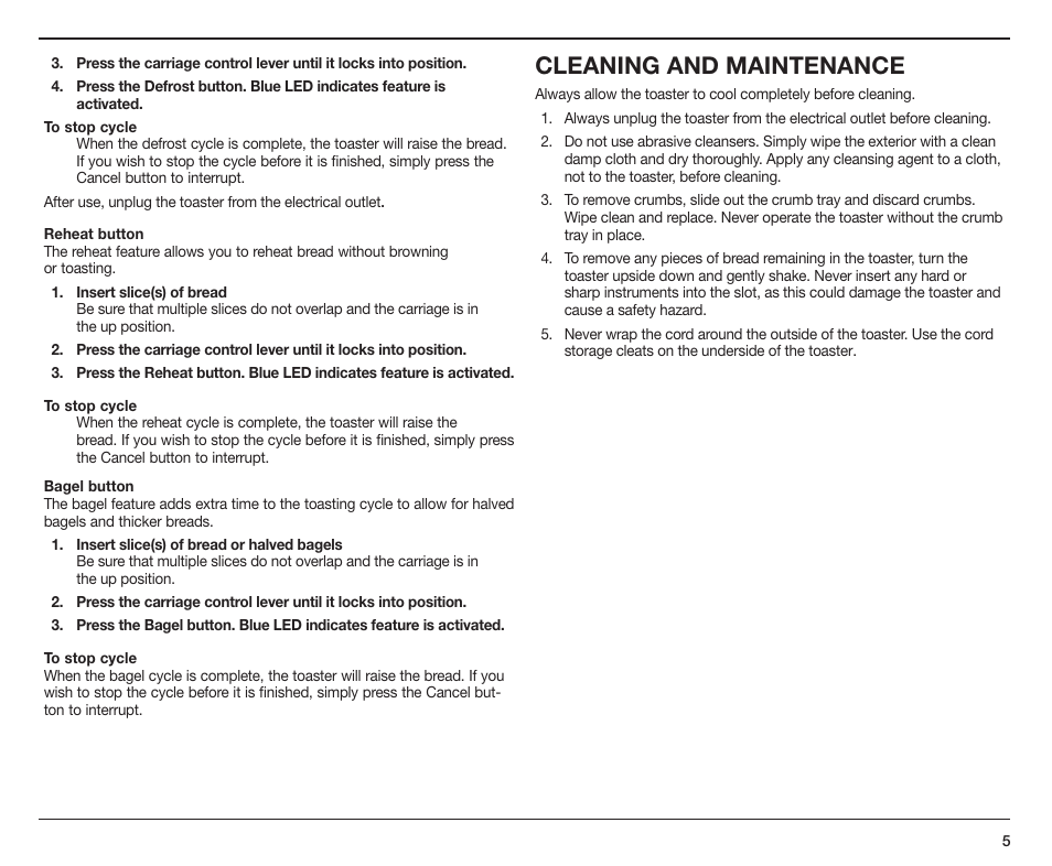Cleaning and maintenance | Cuisinart CPT-170 User Manual | Page 5 / 9