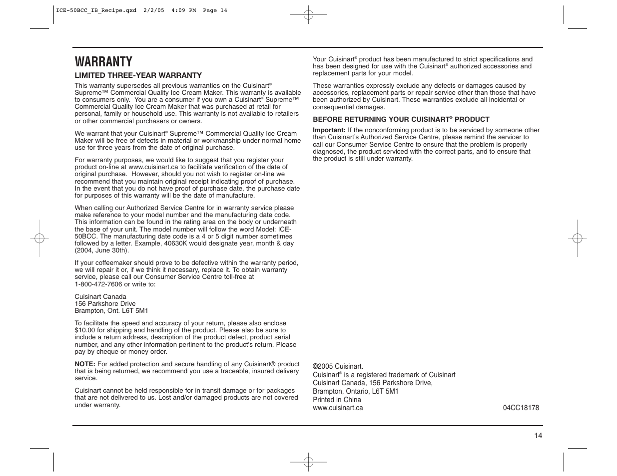 Warranty | Cuisinart ICE-50BCC Series User Manual | Page 15 / 15