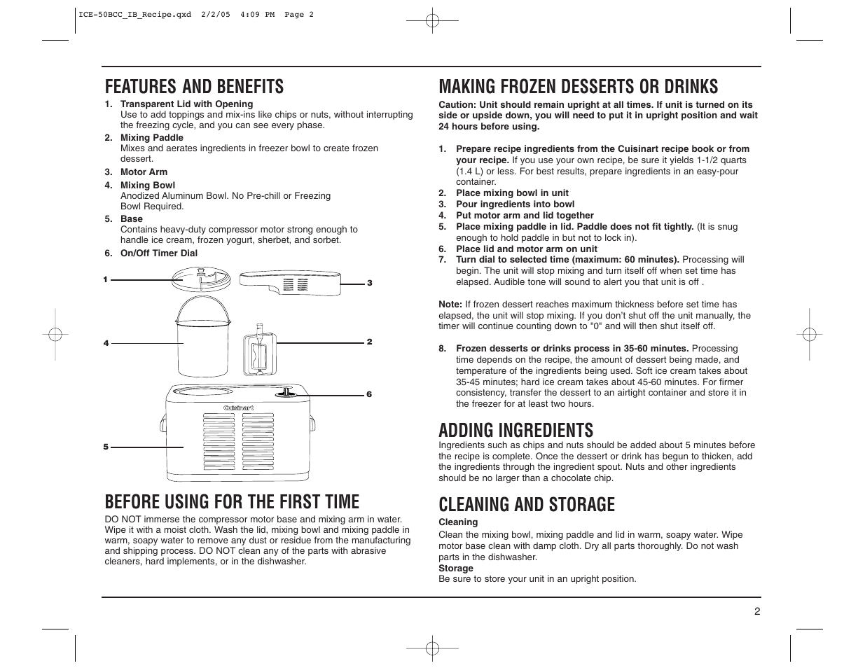 Features and benefits, Before using for the first time, Making frozen desserts or drinks | Adding ingredients, Cleaning and storage | Cuisinart ICE-50BCC Series User Manual | Page 3 / 15