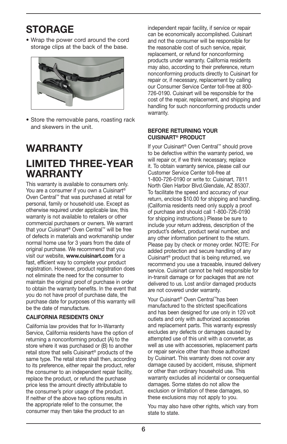 Storage, Warranty limited three-year warranty | Cuisinart Oven Central CBO-1000 User Manual | Page 6 / 7