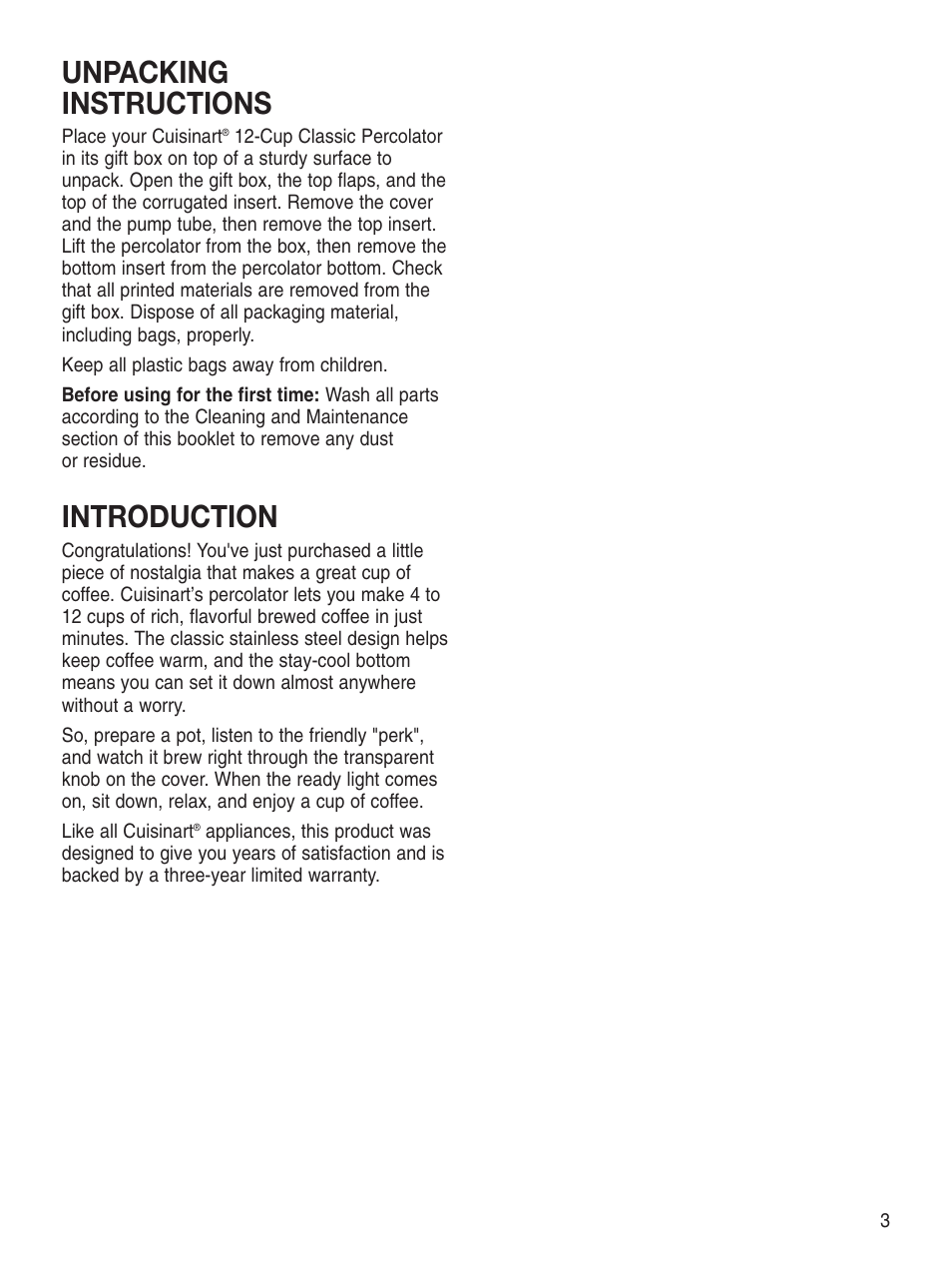 Unpacking instructions, Introduction | Cuisinart PRC-12 Series User Manual | Page 3 / 9