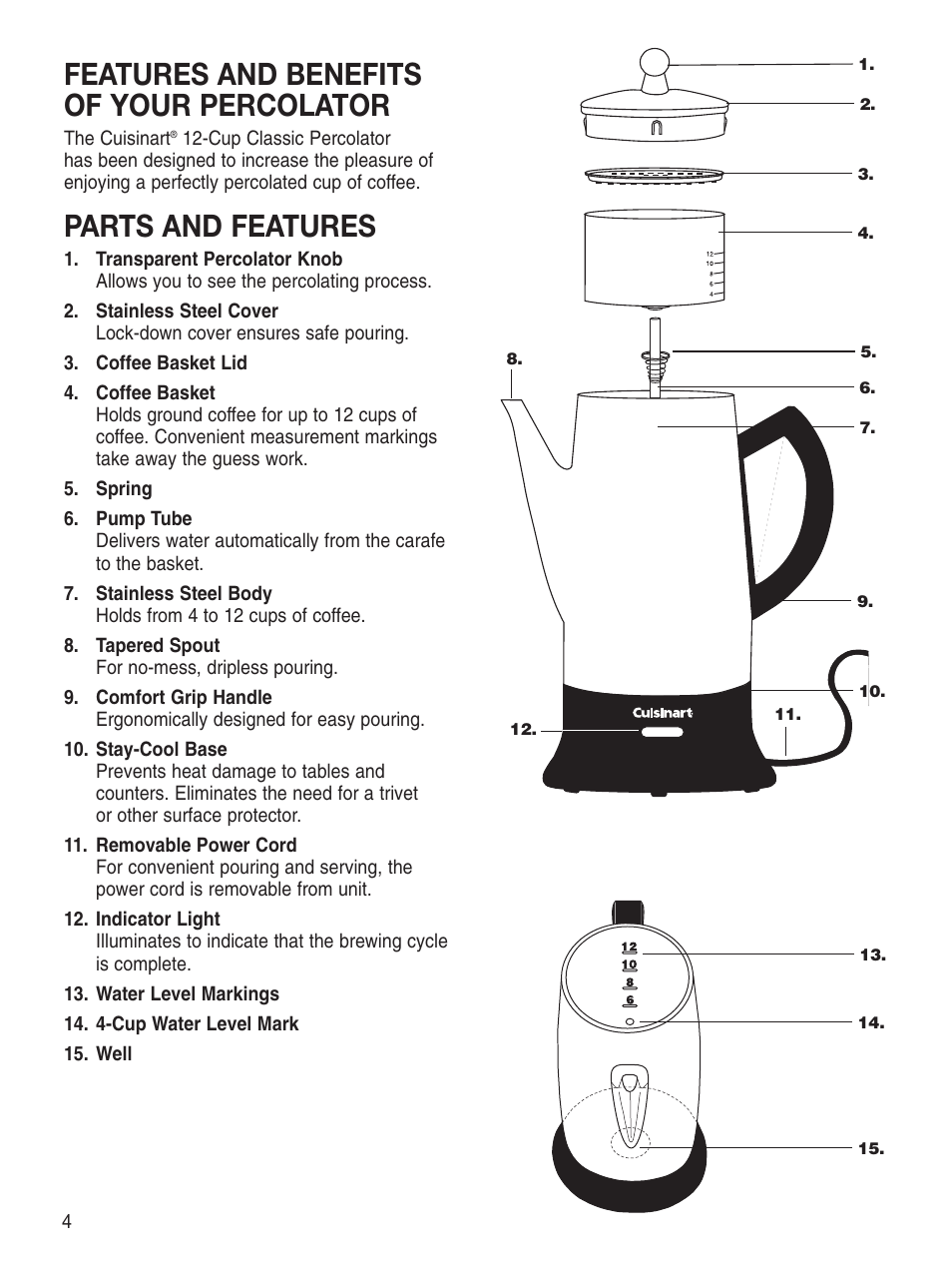 Features and benefits of your percolator, Parts and features | Cuisinart PRC-12 Series User Manual | Page 4 / 9