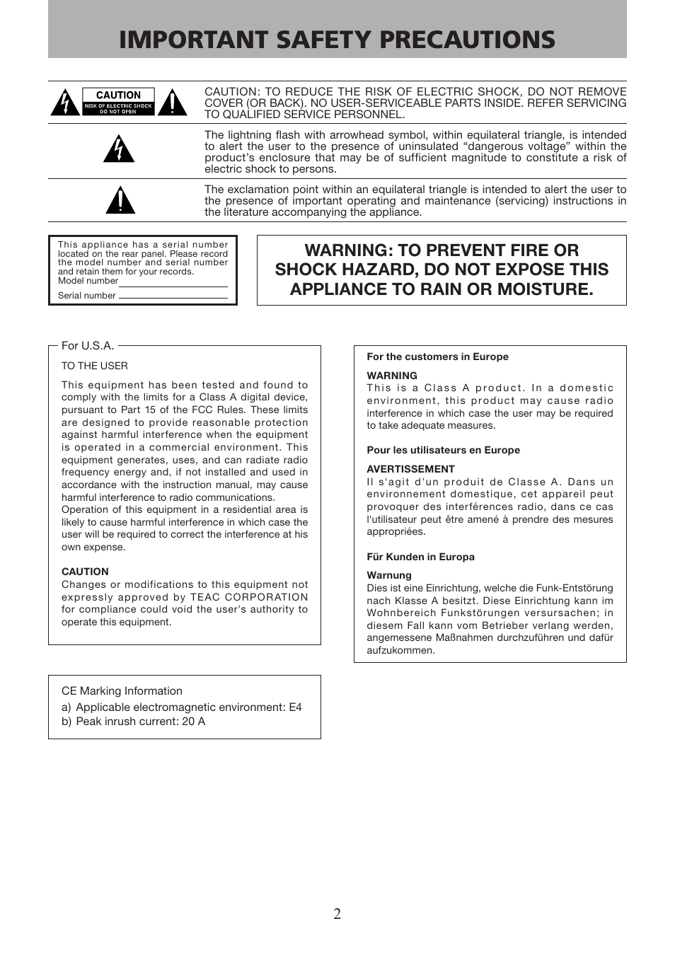 Important safety precautions | Tascam X-48 User Manual | Page 2 / 68