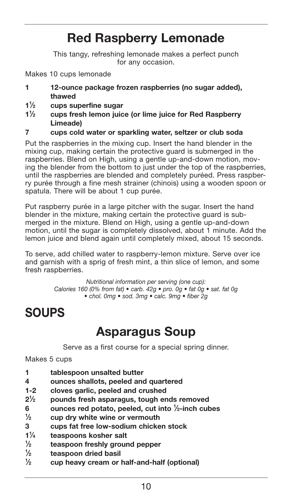 Red raspberry lemonade, Soups asparagus soup | Cuisinart SMART STICK TWO SPEED HAND BLENDER CSB-75 User Manual | Page 10 / 25