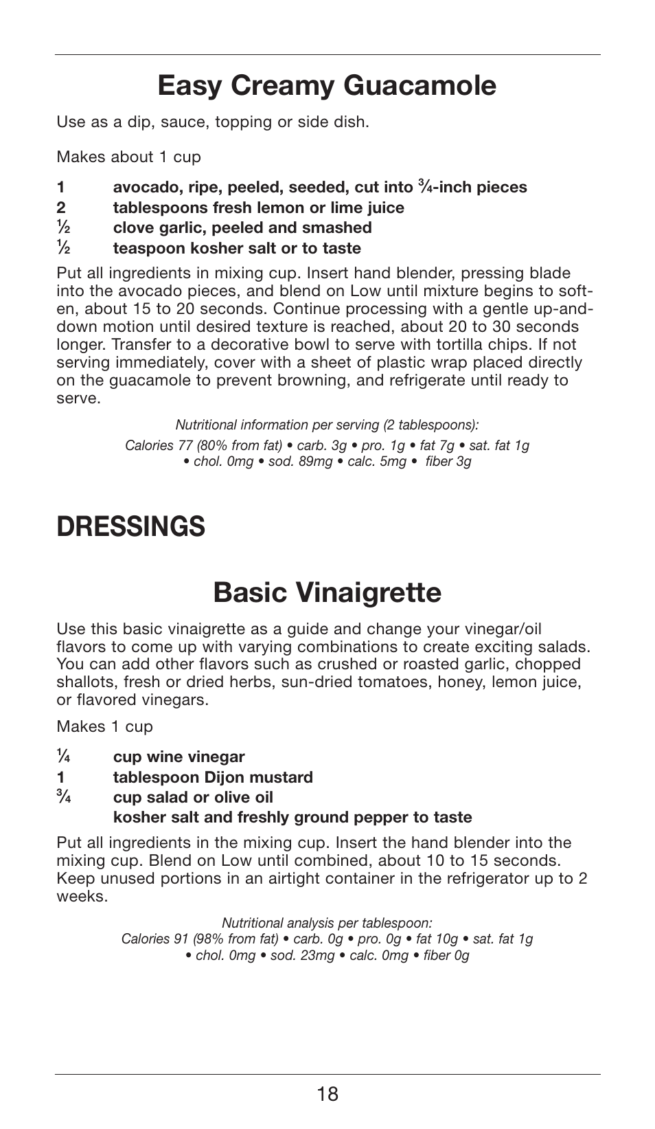 Easy creamy guacamole, Dressings basic vinaigrette | Cuisinart SMART STICK TWO SPEED HAND BLENDER CSB-75 User Manual | Page 18 / 25