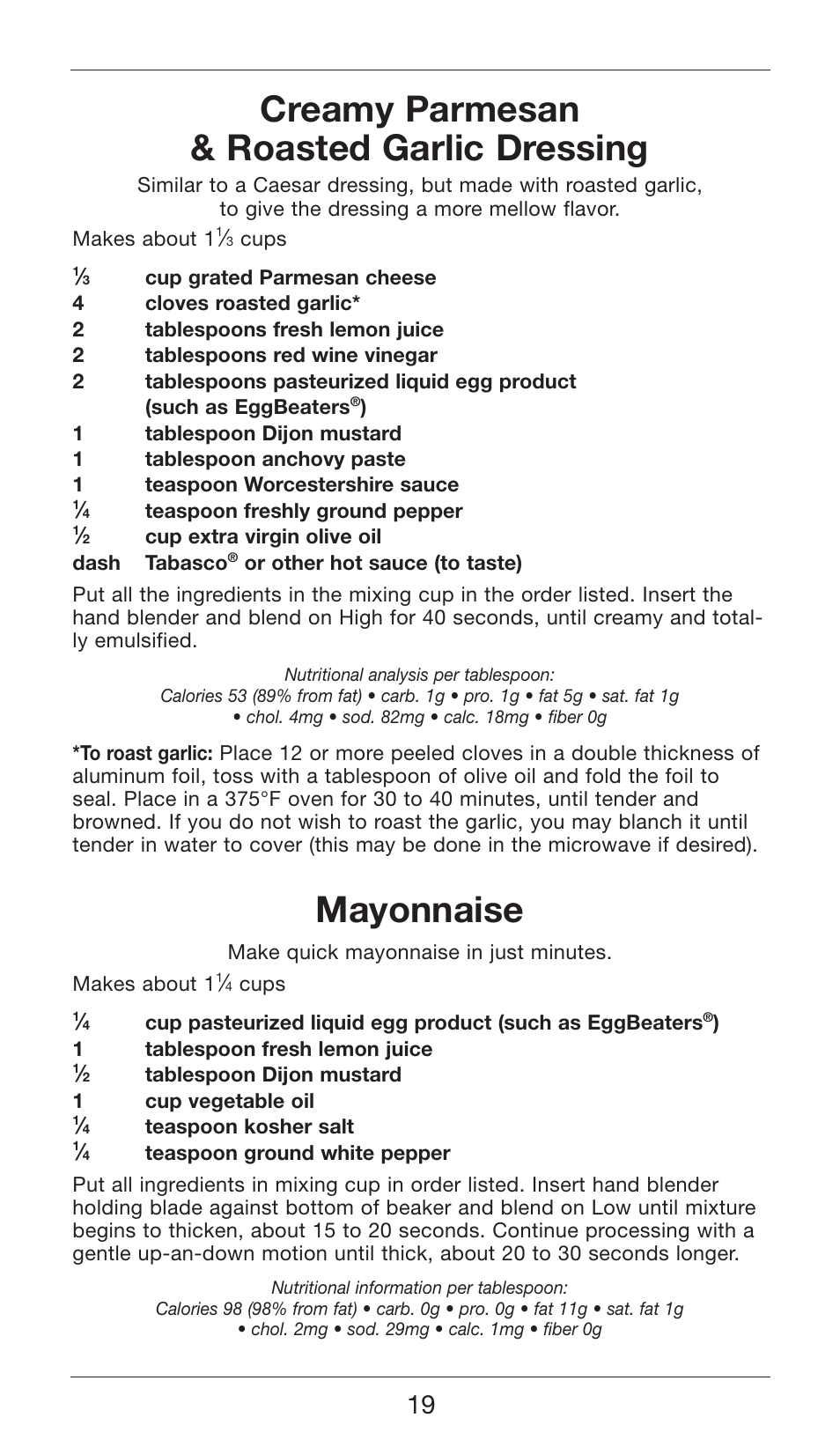 Creamy parmesan & roasted garlic dressing, Mayonnaise | Cuisinart SMART STICK TWO SPEED HAND BLENDER CSB-75 User Manual | Page 19 / 25