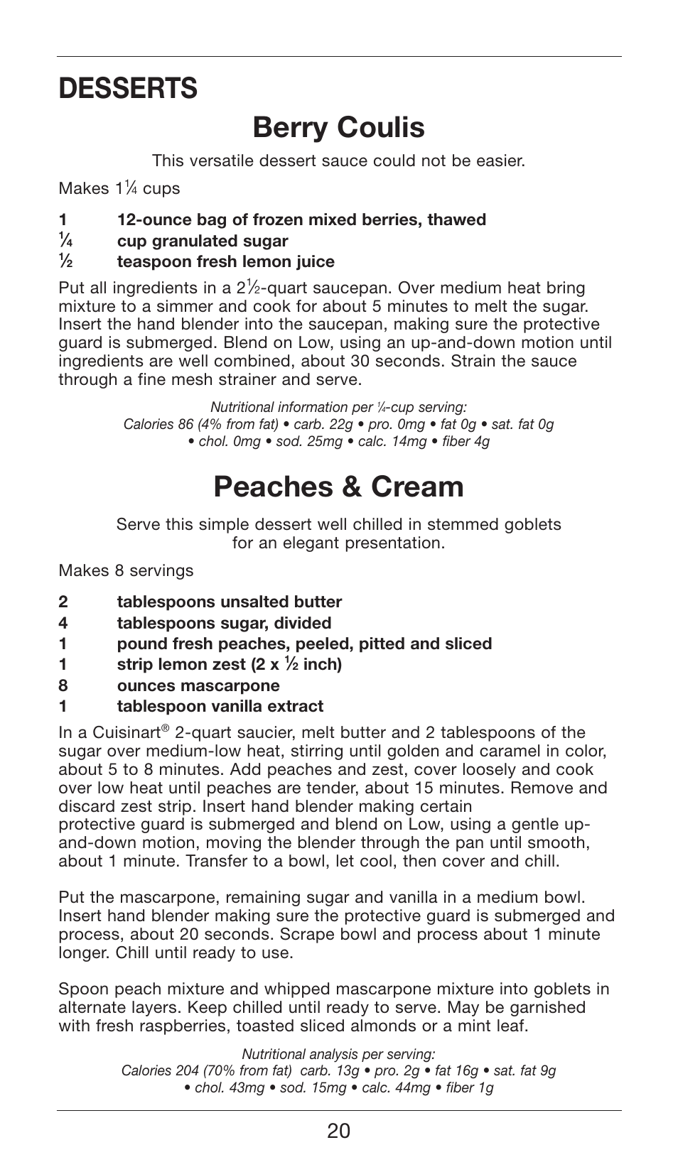 Desserts berry coulis, Peaches & cream | Cuisinart SMART STICK TWO SPEED HAND BLENDER CSB-75 User Manual | Page 20 / 25