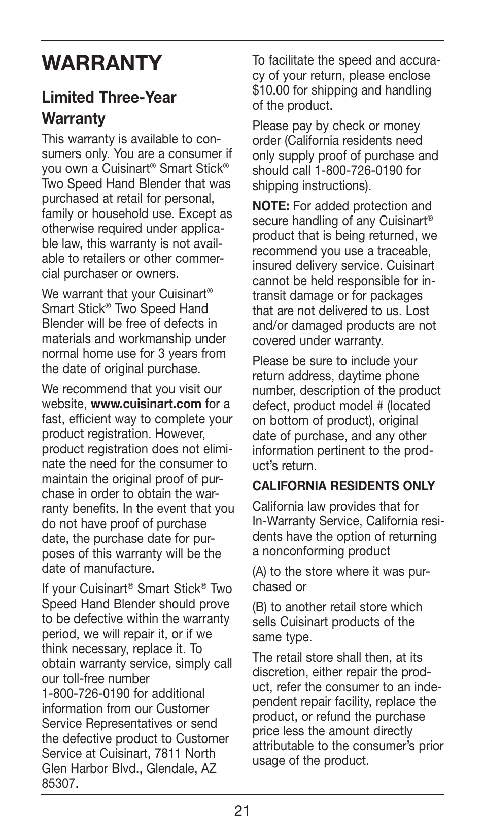 Warranty, Limited three-year warranty | Cuisinart SMART STICK TWO SPEED HAND BLENDER CSB-75 User Manual | Page 21 / 25