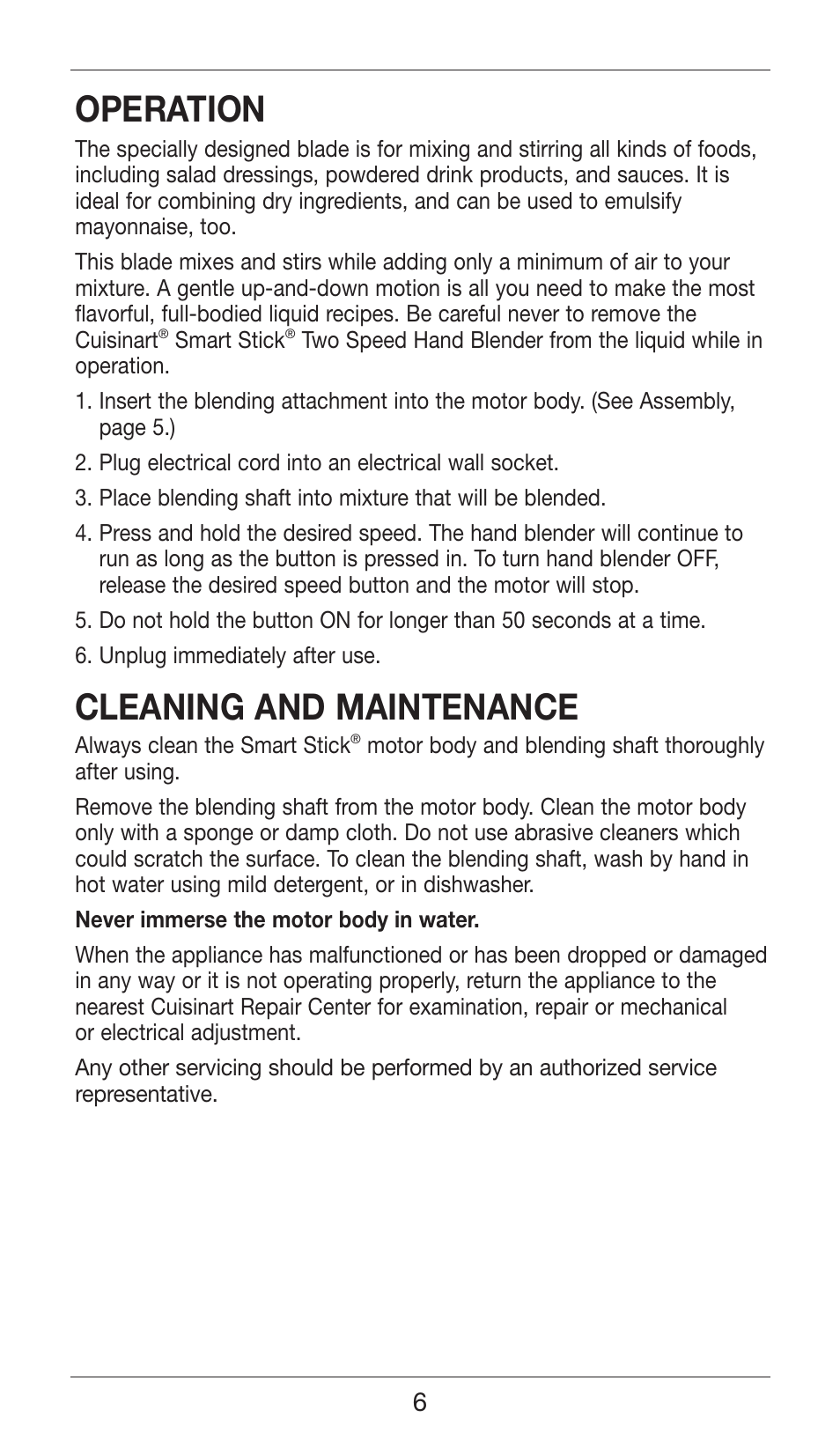 Operation, Cleaning and maintenance | Cuisinart SMART STICK TWO SPEED HAND BLENDER CSB-75 User Manual | Page 6 / 25