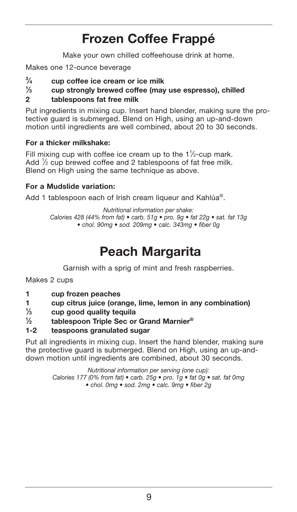 Frozen coffee frappé, Peach margarita | Cuisinart SMART STICK TWO SPEED HAND BLENDER CSB-75 User Manual | Page 9 / 25