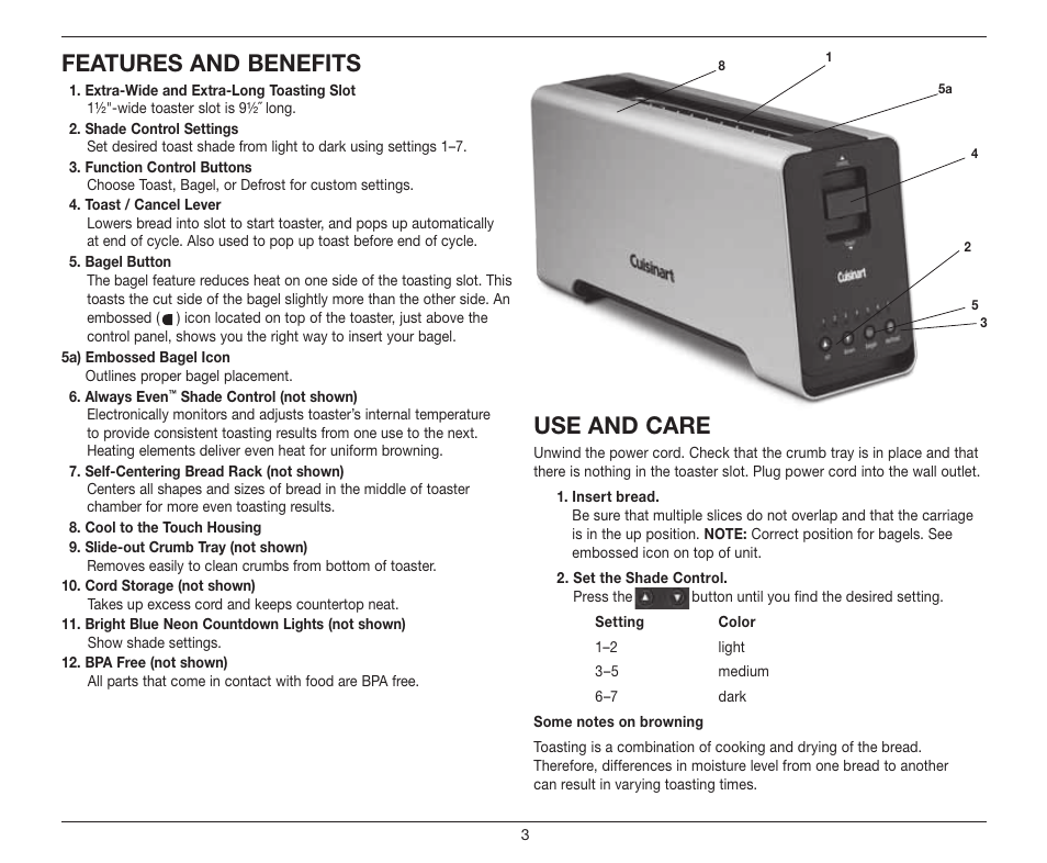 Features and benefits, Use and care | Cuisinart 2-Slice Long Slot Motorized CPT-2000 User Manual | Page 3 / 9