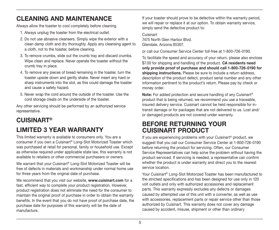 Cleaning and maintenance, Cuisinart, Limited 3 year warranty | Before returning your cuisinart product | Cuisinart 2-Slice Long Slot Motorized CPT-2000 User Manual | Page 5 / 9