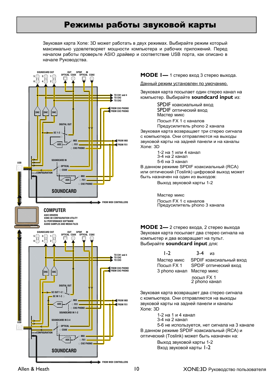 Allen & heath 10 xone:3d, Mode 1, Soundcard input | Spdif, Mode 2, Soundcard input : 1-2 | XONE 3d_ap6388_1 User Manual | Page 10 / 43
