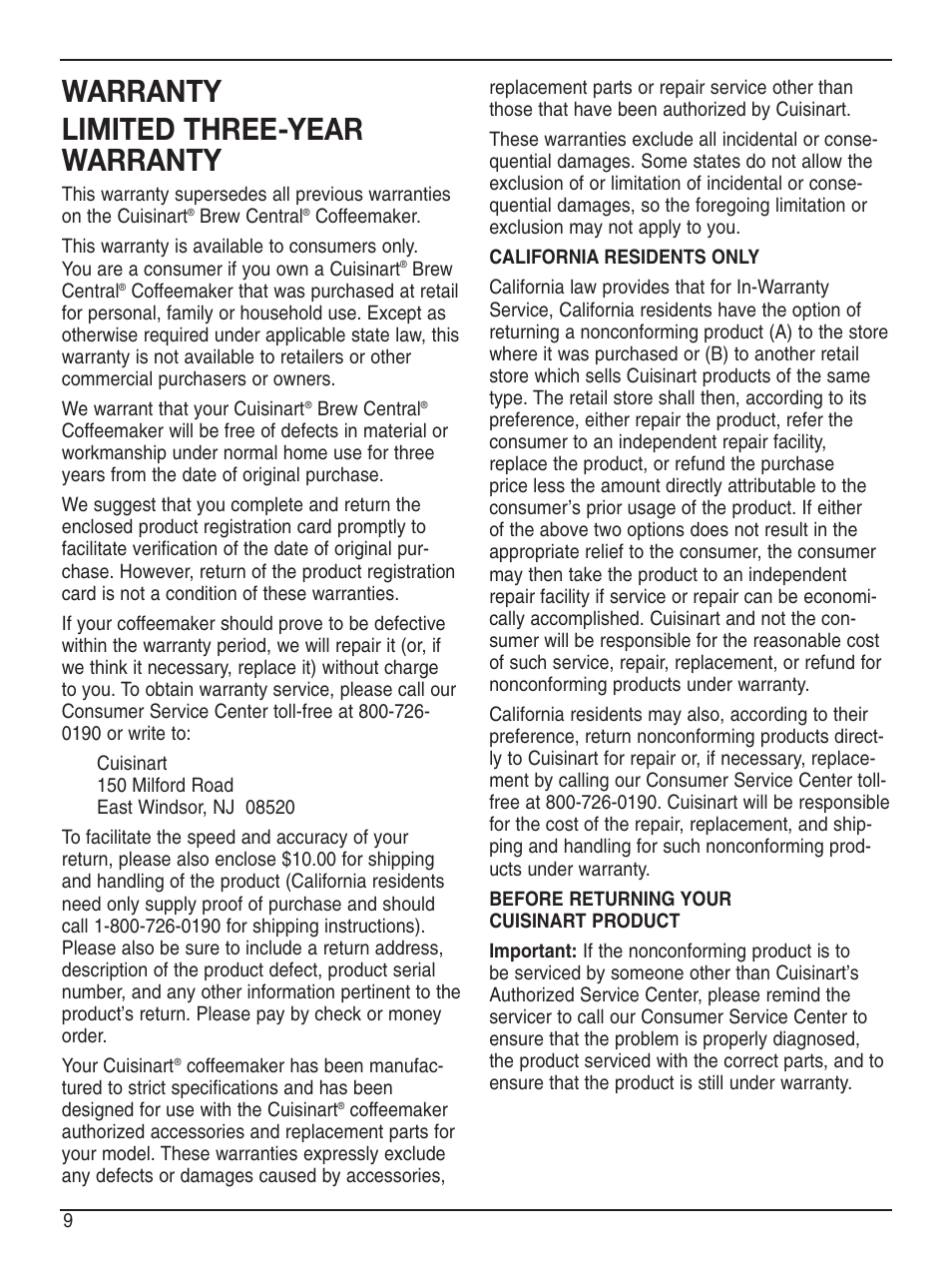 Warranty limited three-year warranty | Cuisinart DCC-2200 User Manual | Page 10 / 13