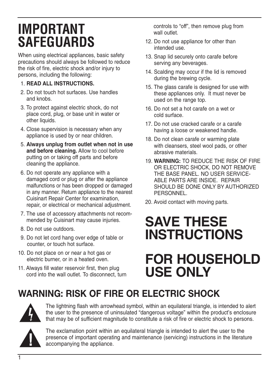 Important safeguards, Save these instructions for household use only, Warning: risk of fire or electric shock | Cuisinart DCC-2200 User Manual | Page 2 / 13