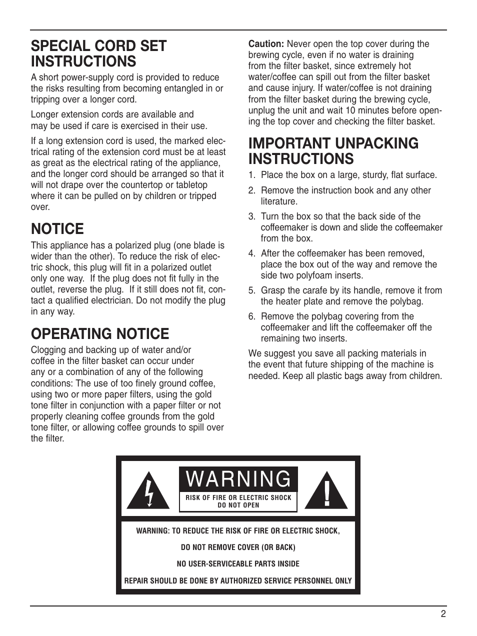 Warning, Special cord set instructions, Notice | Operating notice, Important unpacking instructions | Cuisinart DCC-2200 User Manual | Page 3 / 13