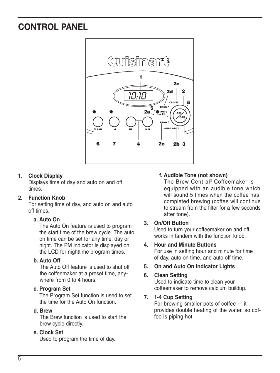 Control panel | Cuisinart DCC-2200 User Manual | Page 6 / 13