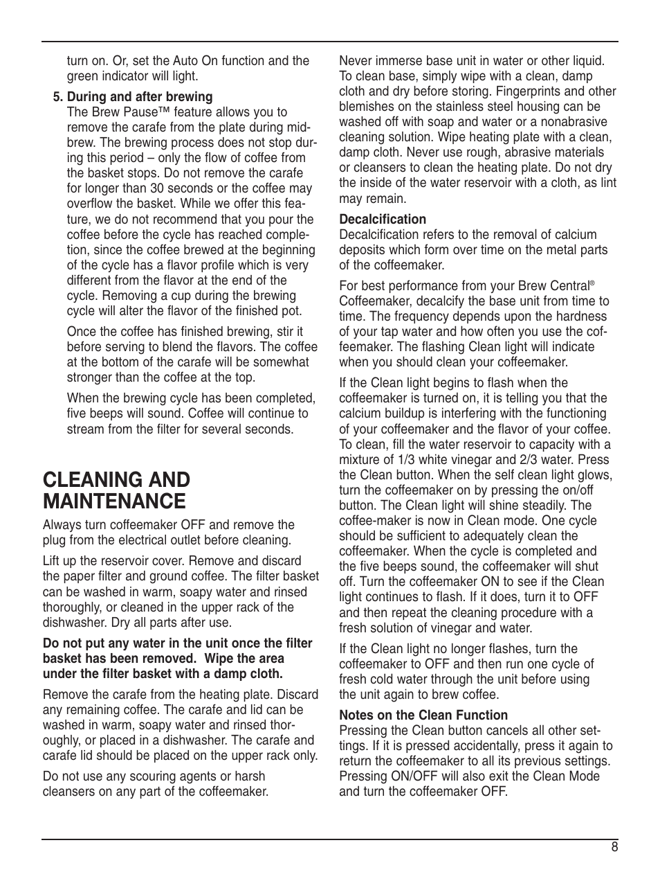 Cleaning and maintenance | Cuisinart DCC-2200 User Manual | Page 9 / 13