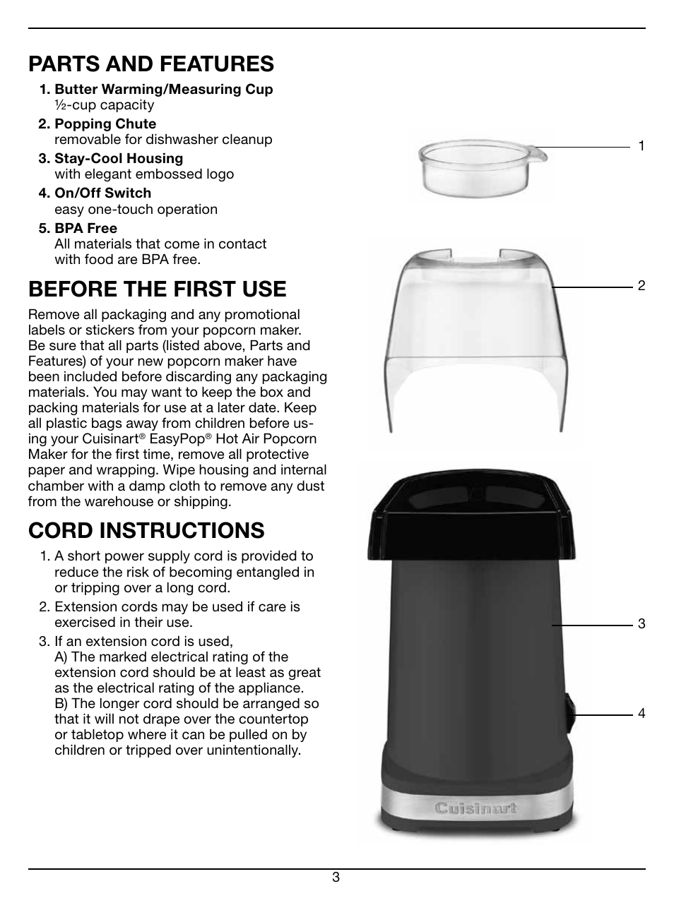 Parts and features, Before the first use, Cord instructions | Cuisinart EasyPop Hot Air Popcorn Maker CPM-100 Series User Manual | Page 3 / 12