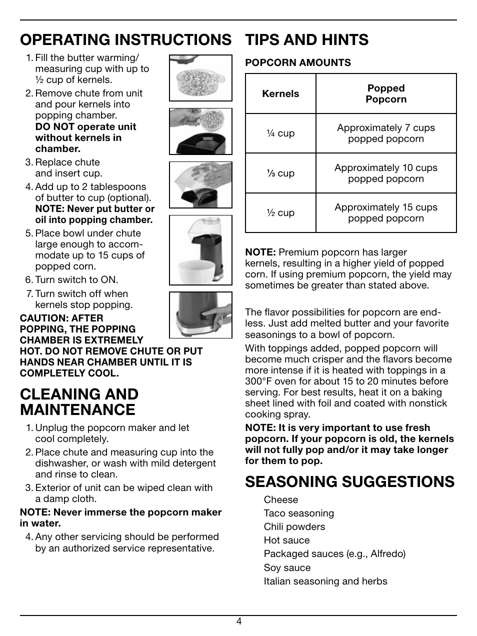 Operating instructions, Cleaning and maintenance, Tips and hints | Seasoning suggestions | Cuisinart EasyPop Hot Air Popcorn Maker CPM-100 Series User Manual | Page 4 / 12