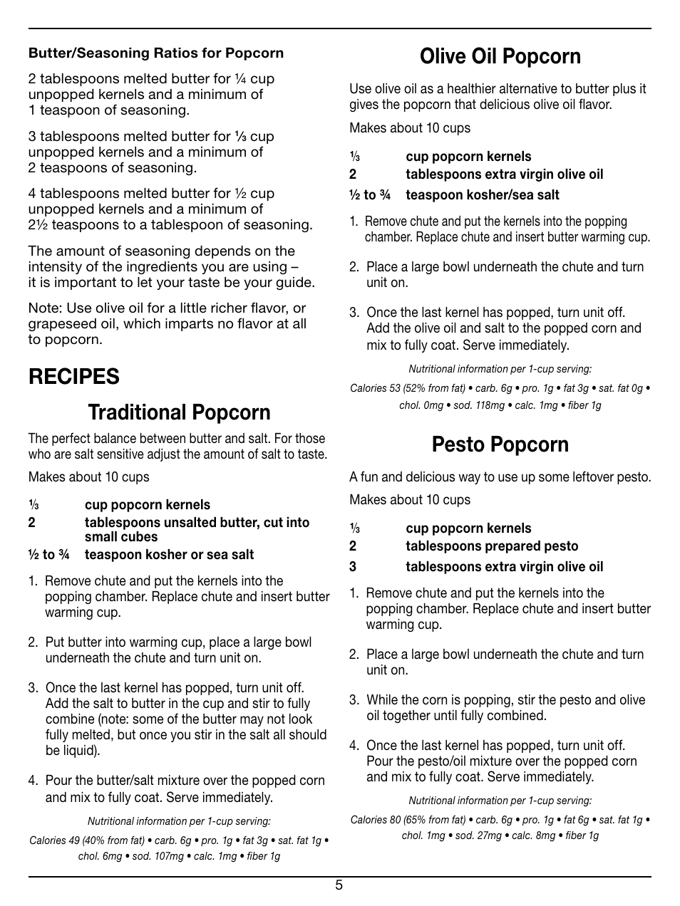 Recipes traditional popcorn, Olive oil popcorn, Pesto popcorn | Cuisinart EasyPop Hot Air Popcorn Maker CPM-100 Series User Manual | Page 5 / 12