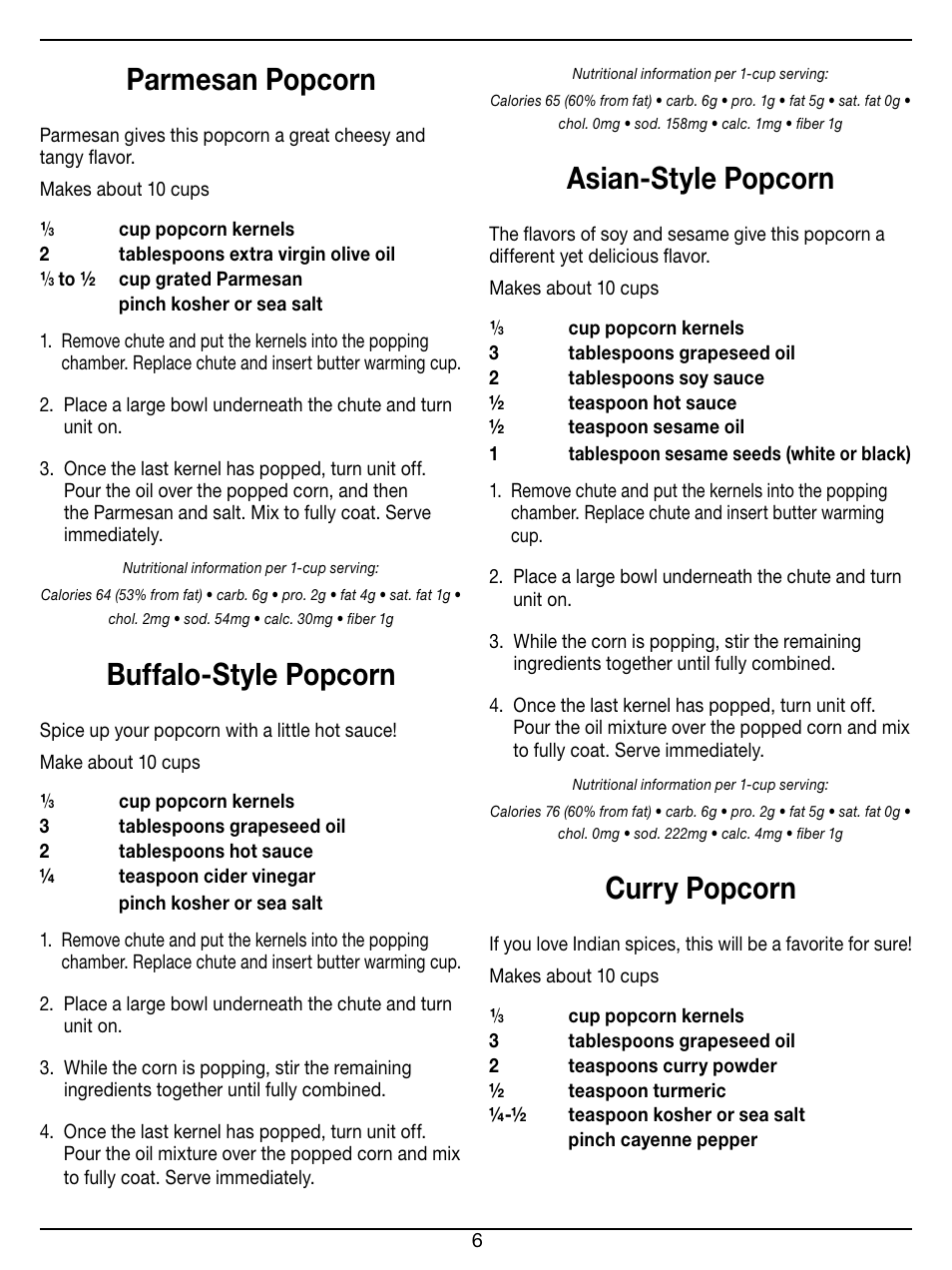 Parmesan popcorn, Buffalo-style popcorn, Asian-style popcorn | Curry popcorn | Cuisinart EasyPop Hot Air Popcorn Maker CPM-100 Series User Manual | Page 6 / 12