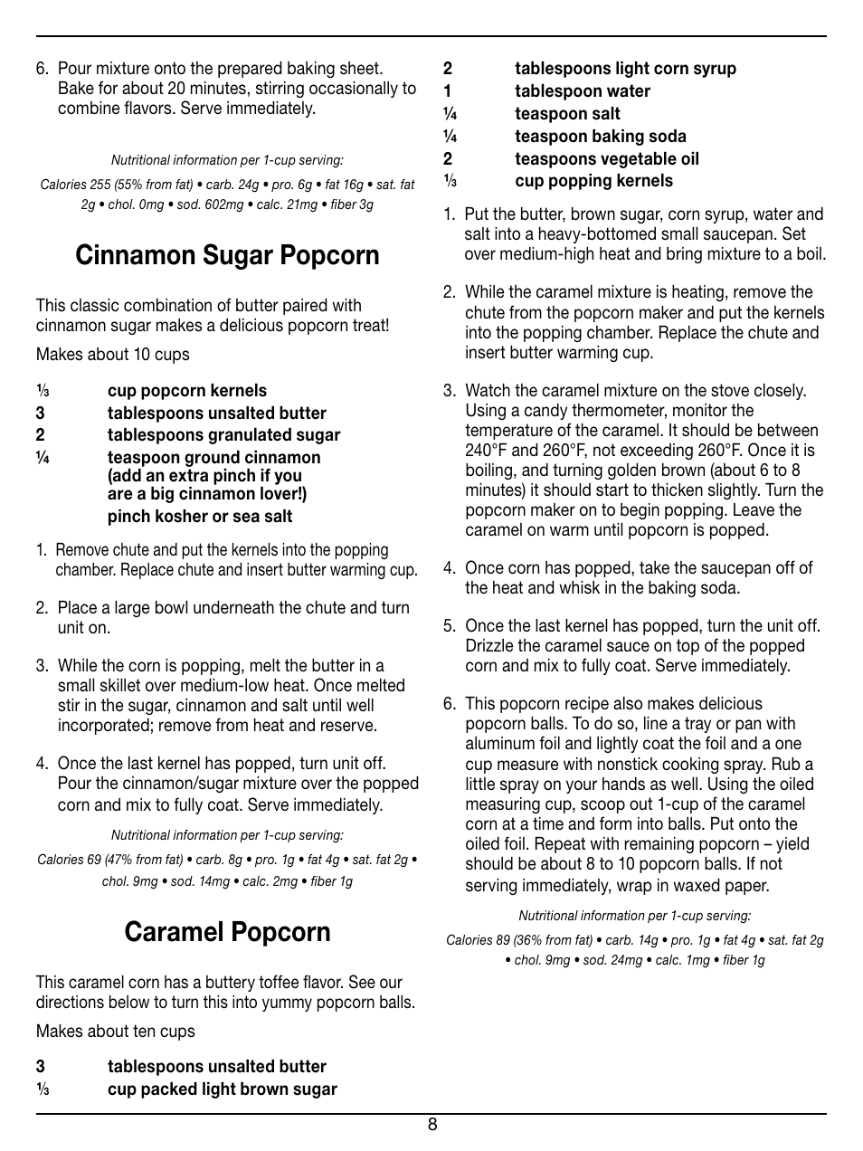 Cinnamon sugar popcorn, Caramel popcorn | Cuisinart EasyPop Hot Air Popcorn Maker CPM-100 Series User Manual | Page 8 / 12