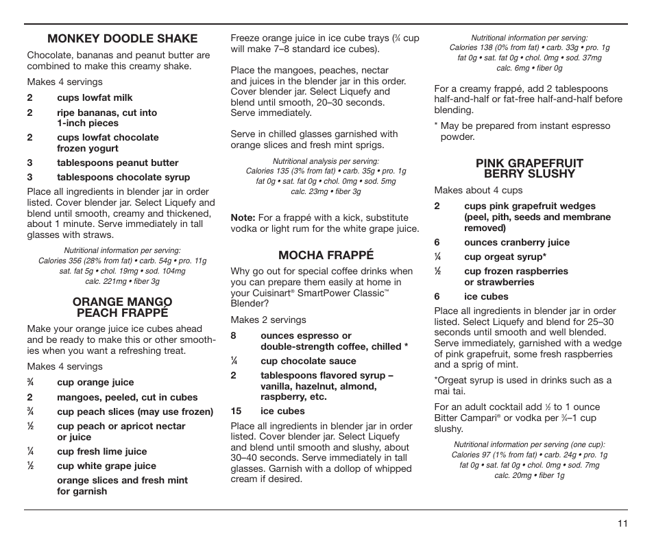 Monkey doodle shake, Orange mango peach frappé, Mocha frappé | Pink grapefruit berry slushy | Cuisinart SPB-6SS User Manual | Page 11 / 21